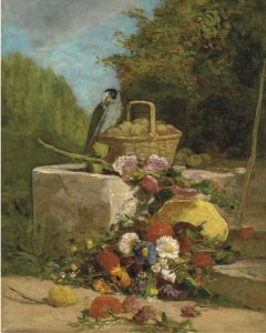 Perroquet, fruits et fleurs dans un jardin